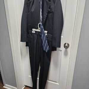 Teenagers Black Pinstripe Suit with Blue Tie
